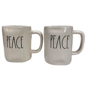 Rae Dunn Set Of Two‎ “Peace” White Coffee Mug Cup Magenta 202 & 210